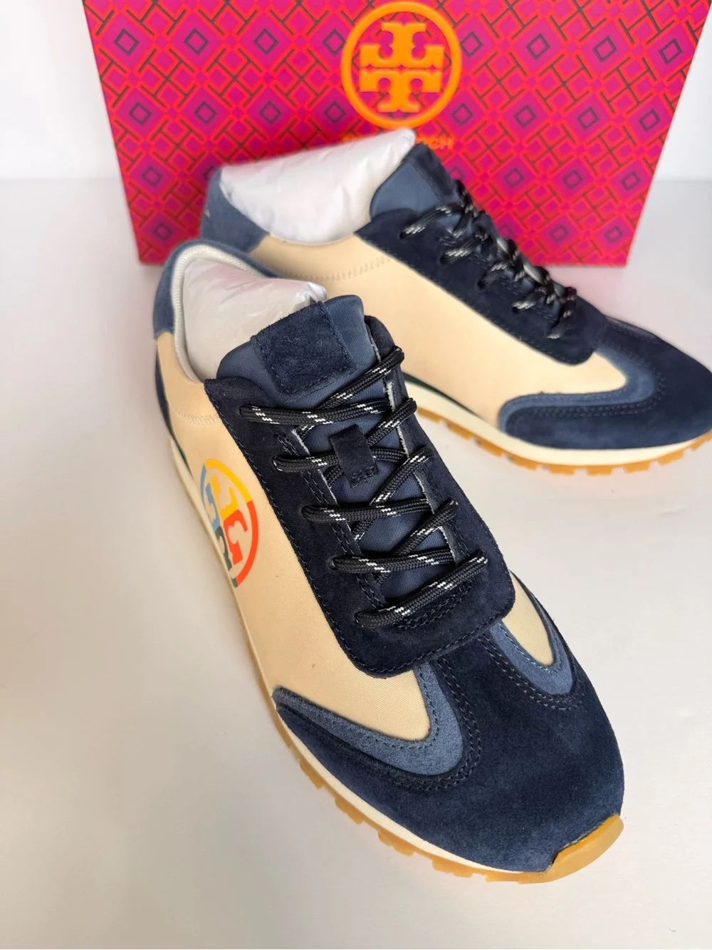 Tory Burch Annie Nylon Runner Sneakers New Cream Tempesta Blue Suede 7.5